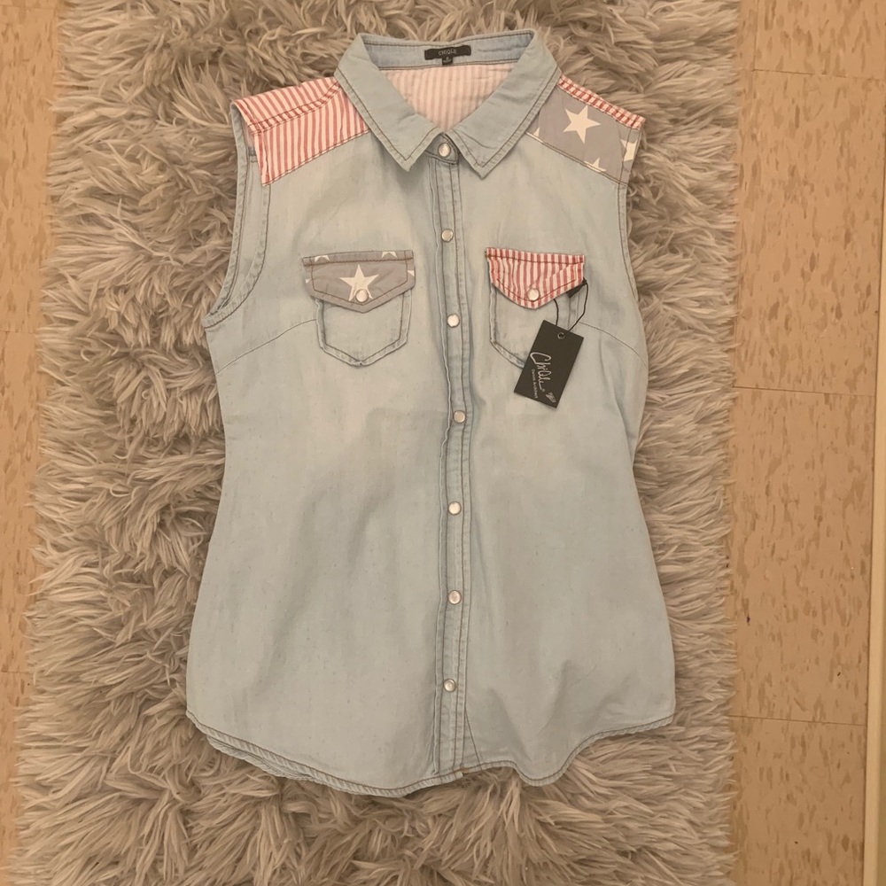 Denim sleeveless patriotic top